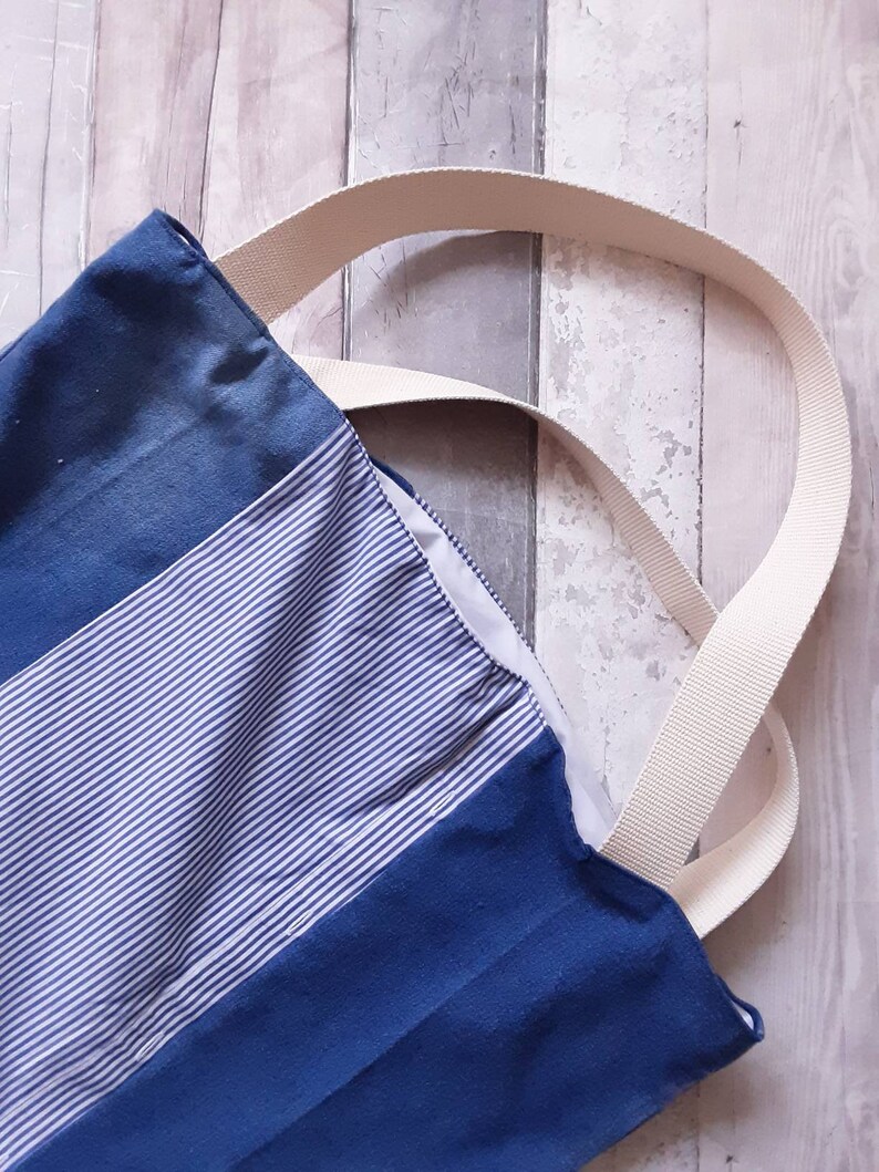 stripes tote should straps Upcycled denim tote bag cotton blue days out handbag sustainable reuse large shopper beach white