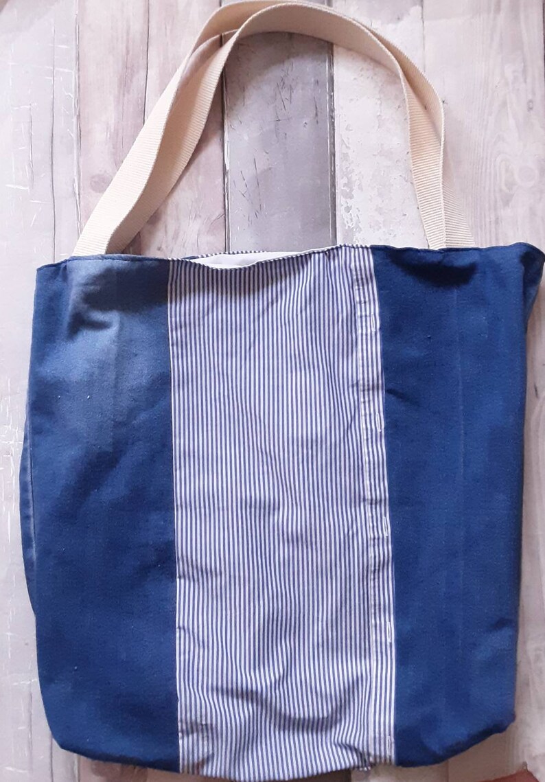 stripes tote should straps Upcycled denim tote bag cotton blue days out handbag sustainable reuse large shopper beach white