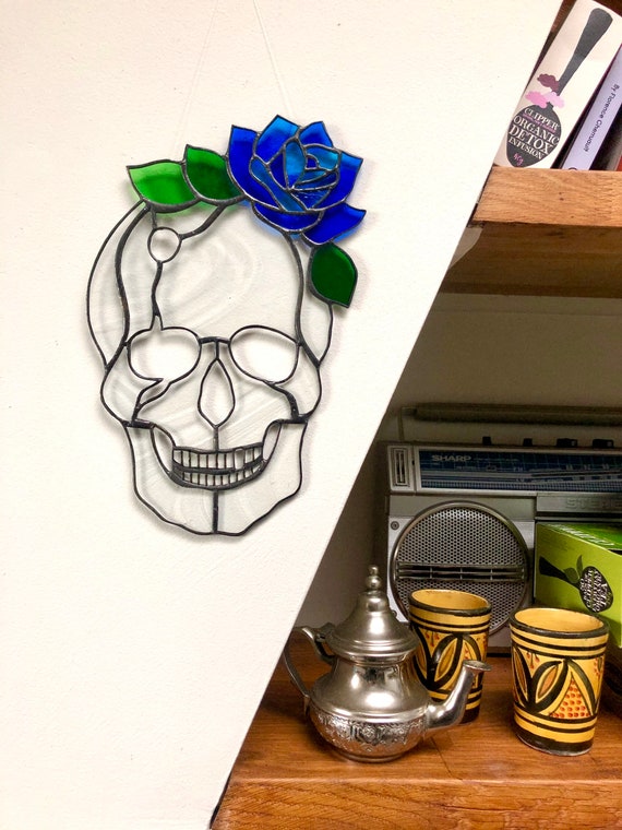 Stained Glass Skull And Rose Tattoo Style Glass Art Skull Etsy Finland