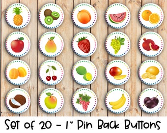 Fruit - Set of 20 Buttons or Magnets - 1", 1.25" or 2.25" pin buttons or 1" magnets - Fruit Badges - Fruit Pin-Back Buttons - Fruit Buttons