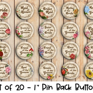 Wedding Themed  - Set of 20 Buttons or Magnets - 1&quot; or 1.25&quot; pin buttons or 1&quot; magnets - Wedding Party Pin Badges - Bridal Party Pins