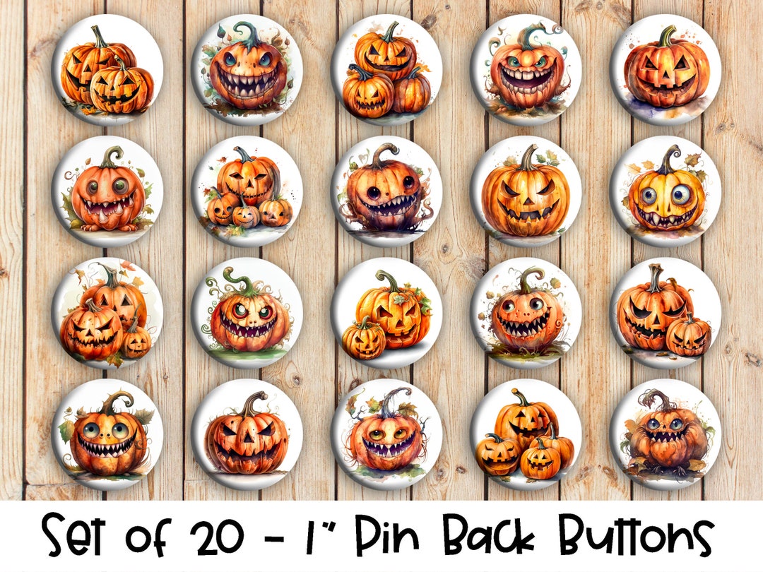 Scary Halloween Pumpkin Pins - Set of 20 Buttons or Magnets - 1" or 1. ...