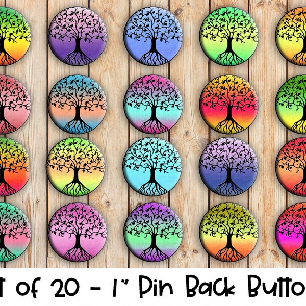 Tree of Life Designs - Set of 20 Buttons or Magnets - 1", 1.25" or 2.25" pin buttons or 1" magnets - Tree Buttons - Colorful Tree Badges