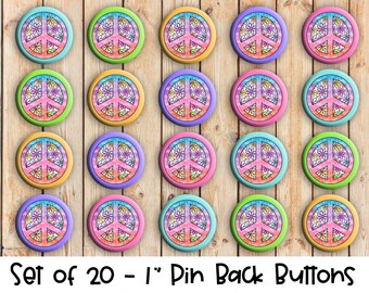 Peace Sign Designs - Set of 20 Buttons or Magnets - 1" or 1.25" pin buttons or magnets - Flower Peace Sign Badges