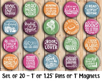 Book Lover Pins - Set of 20 Buttons or Magnets - 1" or 1.25" pin buttons or magnets - Book Themed Buttons - Reading Button Pins