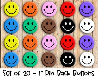 Smiley Faces - Set of 20 Buttons or Magnets - 1", 1.25" or 2.25" pin buttons or 1" magnets - Colorful Smiley Face Buttons