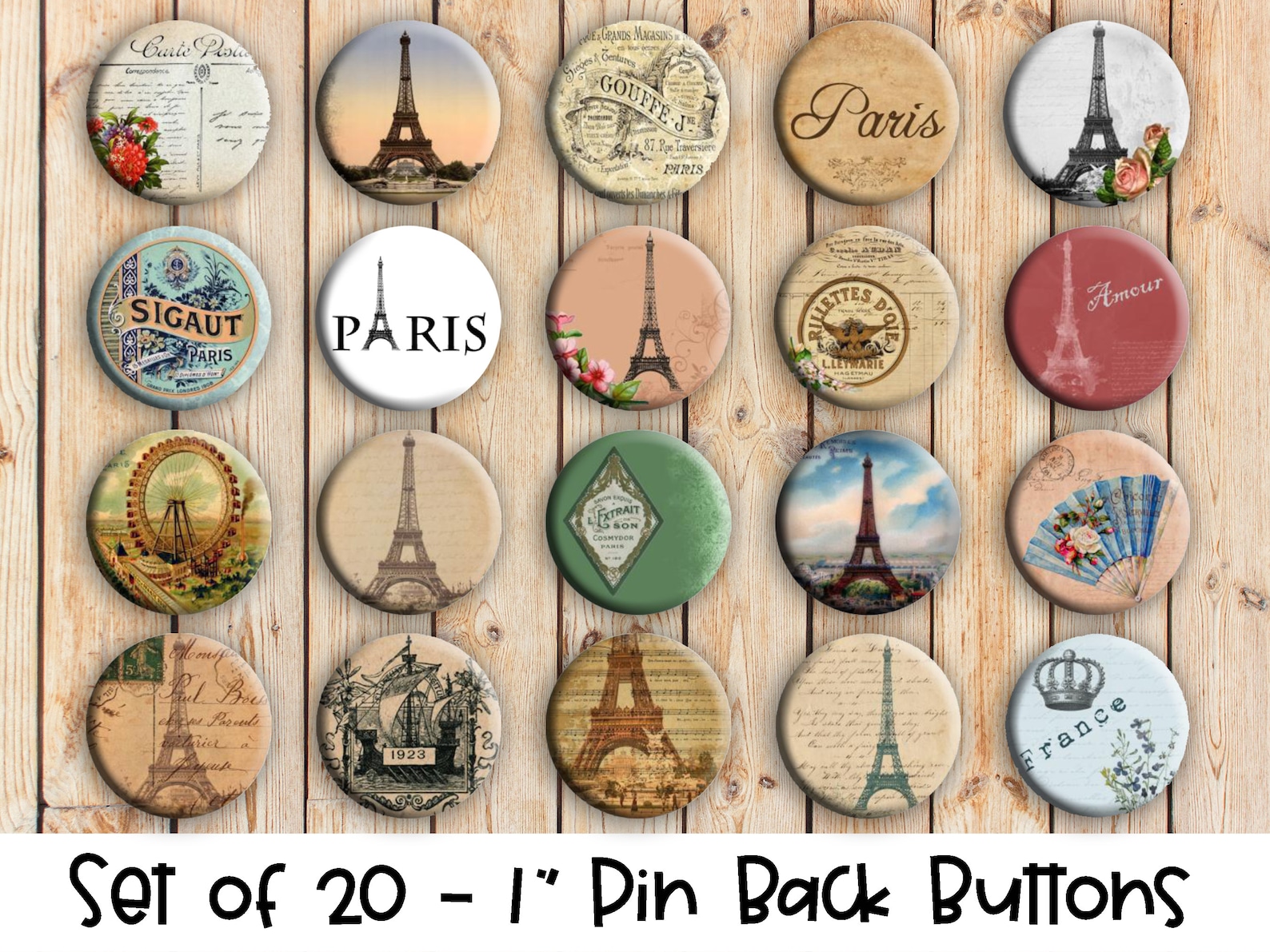 Paris Themed Pins - Set of 20 Buttons or Magnets - 1