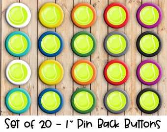 Tennis Ball Designs - Set of 20 Buttons or Magnets - 1", 1.25" or 2.25" pin buttons or 1" magnets - Tennis Ball Buttons - Tennis Ball Badges