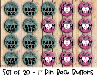 Band Mom and Band Dad - Set of 20 Buttons or Magnets - 1" or 1.25" pin buttons or magnets - Marching Band - High School Band