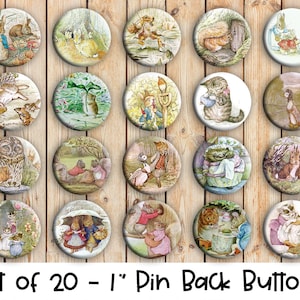 May include: Set of 20 1-inch pin back buttons featuring illustrations from Beatrix Potter's children's books. The buttons feature characters like Peter Rabbit, Jemima Puddle-Duck, and Mrs. Tiggy-Winkle.