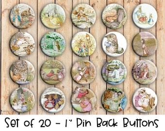 Beatrix Potter Buttons - Set of 20 Buttons or Magnets - 1" or 1.25" pin buttons or magnets - Beatrix Potter Pins