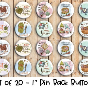Crochet and Knit Themed - Set of 20 Buttons or Magnets - 1" or 1.25" pin buttons or 1" magnets - Crocheting Buttons - Knitting Badges
