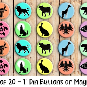 Animal Themed - Set of 20 Buttons or Magnets - 1&quot; or 1.25&quot; pin buttons or 1&quot; magnets - Animal Buttons - Colorful Animal Badges