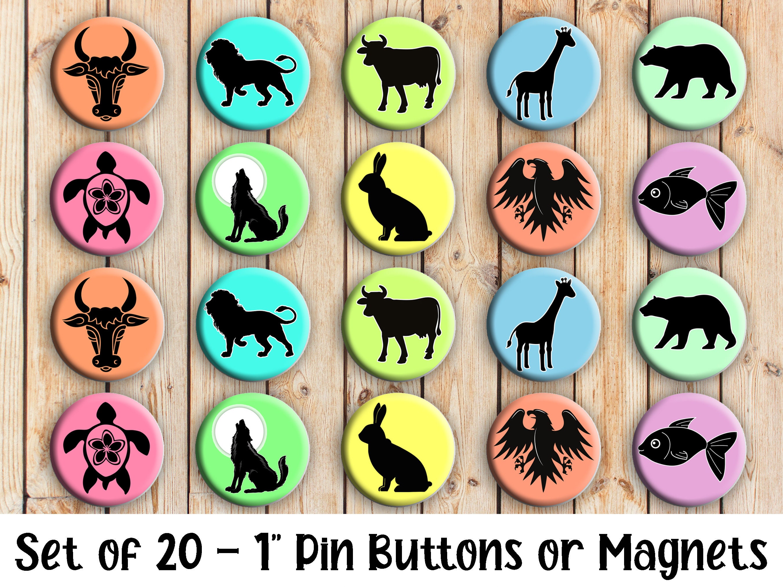 Animal Themed - Set of 20 Buttons or Magnets - 1