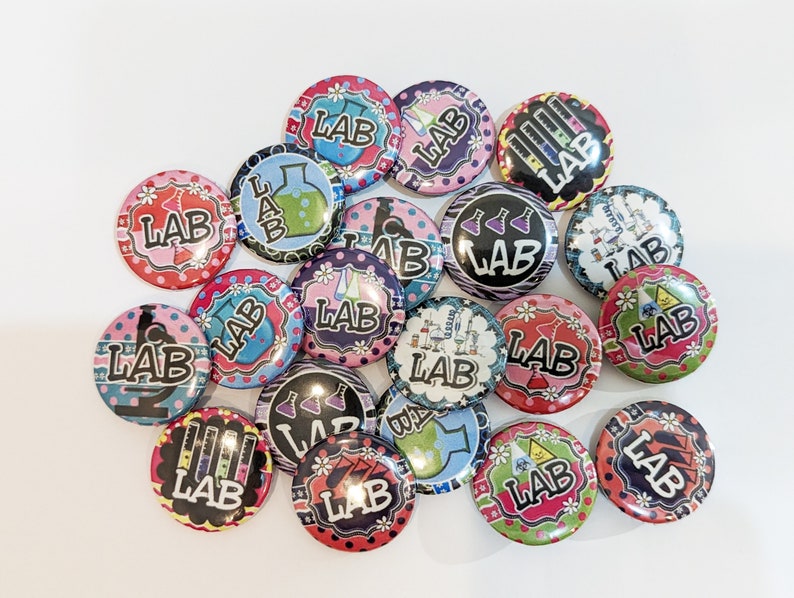 Lab Tech Themed Set of 20 Buttons or Magnets 1, 1.25 or 2.25 pin buttons or 1 magnets Lab Technician Badges Lab Themed Pins image 5
