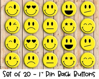 Yellow Emoji Designs - Set of 20 Buttons or Magnets - 1", 1.25" or 2.25" pin buttons or 1" magnets - Emoji Buttons - Emoji Badges