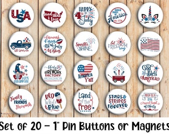 Patriotic Themed Pins - Set of 20 Buttons or Magnets - 1", 1.25" or 2.25" pin buttons or 1" magnets - 4th of July Buttons - Patriotic Badges