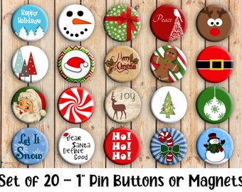 Christmas Pins - Set of 20 Buttons or Magnets - 1", 1.25" or 2.25" pin buttons or 1" magnets - Christmas Buttons - Christmas Magnets