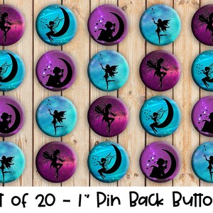 Fairies - Set of 20 Buttons or Magnets - 1&quot; or 1.25&quot; pin buttons or 1&quot; magnets - Fairy Silhouette Pins - Purple and Blue Fairy Badges