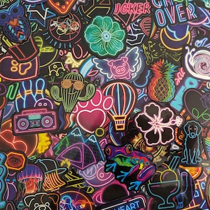 Neon Stickers (5-100 pcs) Retro Neon Light Stickers, vinyl stickers for water bottles, laptop, notebook, rewards, party favors
