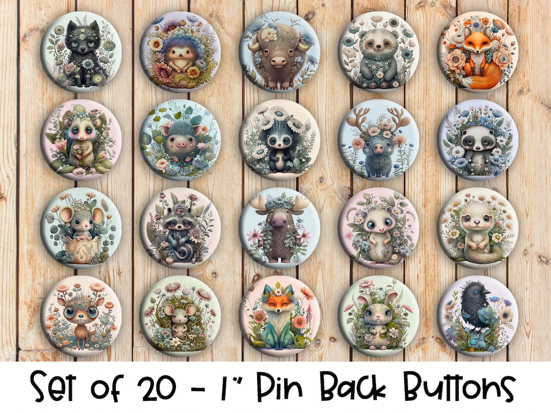 Cute Animal Designs Set of 20 Buttons or Magnets 1, 1.25 or 2.25 Pin