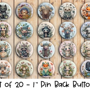 Cute Animal Designs - Set of 20 Buttons or Magnets - 1&quot; or 1.25&quot; pin buttons or 1&quot; magnets - Animal Buttons - Cute Animal Badges