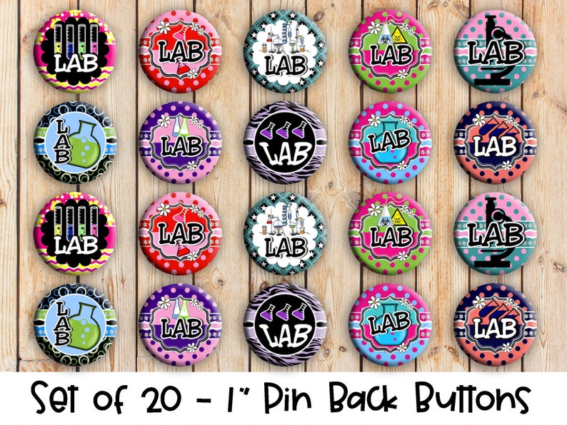 Lab Tech Themed Set of 20 Buttons or Magnets 1, 1.25 or 2.25 pin buttons or 1 magnets Lab Technician Badges Lab Themed Pins image 1