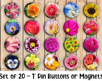 Flowers - Set of 20 Buttons or Magnets - 1", 1.25" or 2.25" pin buttons or 1" magnets - Flowers Buttons - Flower Badges - Flower Magnets