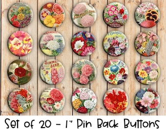 Vintage Flower Seed Packet Designs - Set of 20 Buttons or Magnets - 1" or 1.25" pin buttons or magnets - Vintage Flower Badges