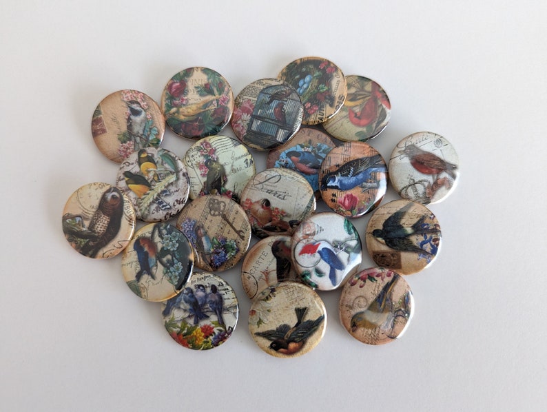 May include: A collection of 20 round, colorful, vintage-style buttons featuring various bird illustrations. The buttons are decorated with a variety of patterns and designs, including floral motifs, cages, and musical notes.