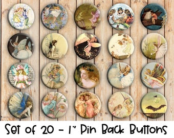 Vintage Fairy Pins - Set of 20 Buttons or Magnets - 1" or 1.25" pin buttons or magnets - Vintage Fairies Buttons - Fairy Badges