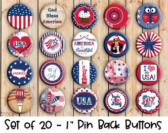Patriotic Themed Pins - Set of 20 Buttons or Magnets - 1", 1.25" or 2.25" pin buttons or 1" magnets - 4th of July Buttons - Patriotic Badges