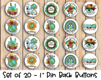 May include: Set of 20 1-inch pin back buttons with various designs promoting environmental awareness. The designs include a tree hugger, a turtle, a sunflower, a rainbow, a peace sign, and a hand sign. The buttons are white with colorful designs.