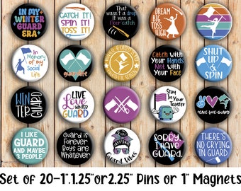 Winterguard Designs - Set of 20 Buttons or Magnets - 1" or 1.25" pin buttons or magnets - Color Guard pins - Winter Guard Sayings