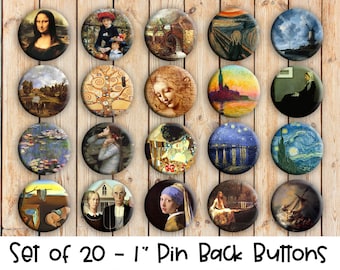 Famous Painting Designs - Set of 20 Buttons or Magnets - 1", 1.25" or 2.25" pin buttons or 1" magnets - Vintage Famous Painting Buttons