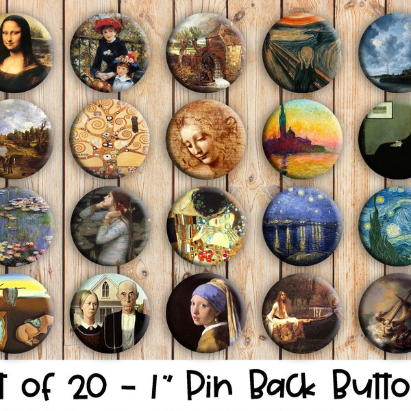 Famous Painting Designs - Set of 20 Buttons or Magnets - 1", 1.25" or 2.25" pin buttons or 1" magnets - Vintage Famous Painting Buttons
