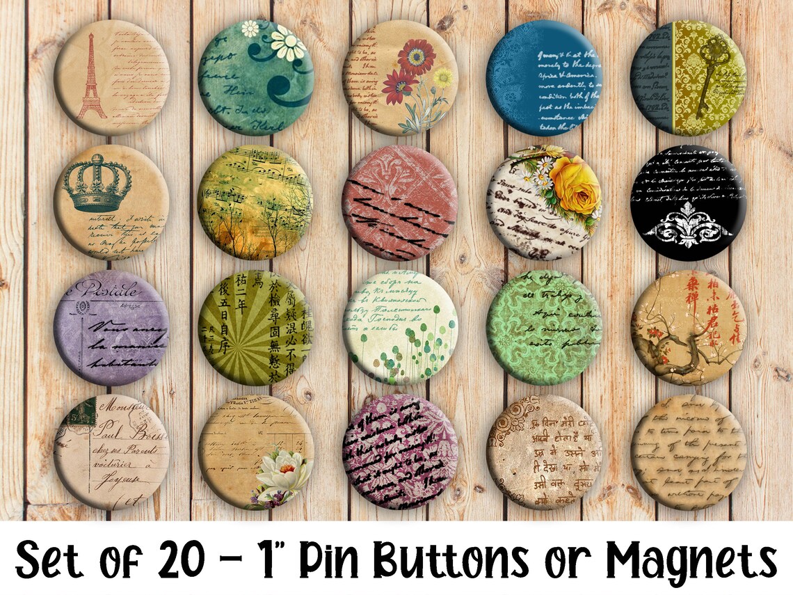 Falling Writing Pin Vintage Handwriting Pins - Set of 20 Buttons or Magnets - 1