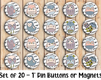 Boho Owls - Set of 20 Buttons or Magnets - 1", 1.25" or 2.25" pin buttons or 1" magnets - party favors - Owl Buttons - Cute Owl Badges