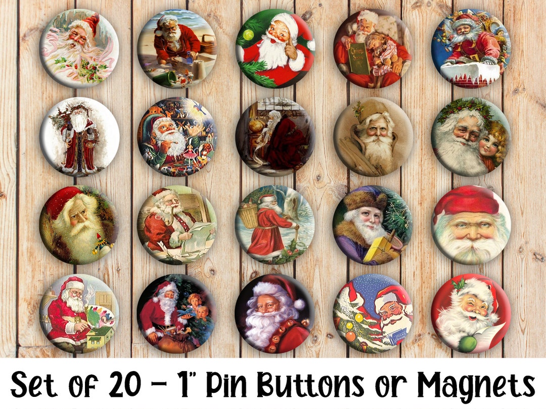 Vintage Santa Claus Pins - Set of 20 Buttons or Magnets - 1" or 1.25 ...