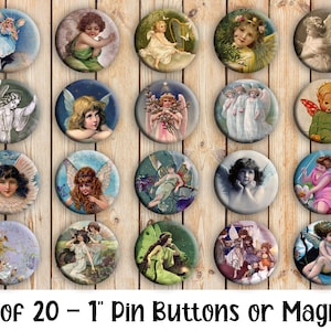Vintage Angels and Fairy Pins - Set of 20 Buttons or Magnets - 1&quot; or 1.25&quot; pin buttons or 1&quot; magnets - Vintage Fairy Buttons