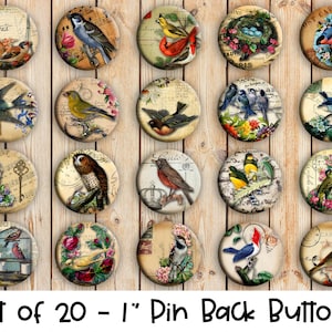 May include: Set of 20 1-inch pin back buttons featuring vintage illustrations of birds, cages, and musical notes. The buttons are printed on a white background with a distressed, antique look.