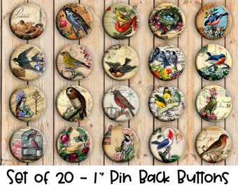 Vintage Birds - Set of 20 Buttons or Magnets - 1" or 1.25" pin buttons or magnets - Vintage Bird Badges - Vintage Birds Buttons