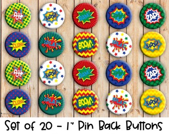 Comic Book Exclamation Designs - Set of 20 Buttons or Magnets - 1" or 1.25" pin buttons or magnets - Superhero Buttons