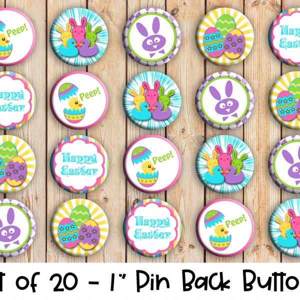 Happy Easter - Set of 20 Buttons or Magnets - 1", 1.25" or 2.25" pin buttons or 1" magnets - Easter Badges - Fun Easter Buttons