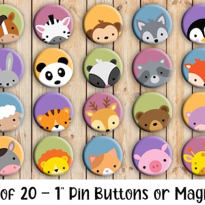 Animal Faces - Set of 20 Buttons or Magnets - 1&quot; or 1.25&quot; pin buttons or 1&quot; magnets - Animal Buttons - Cute Animal Badges