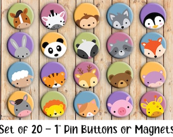 Animal Faces - Set of 20 Buttons or Magnets - 1" or 1.25" pin buttons or magnets - Animal Buttons - Cute Animal Badges