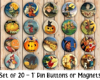 Vintage Halloween Pins - Set of 20 Buttons or Magnets - 1" or 1.25" pin buttons or magnets - Vintage Halloween Buttons