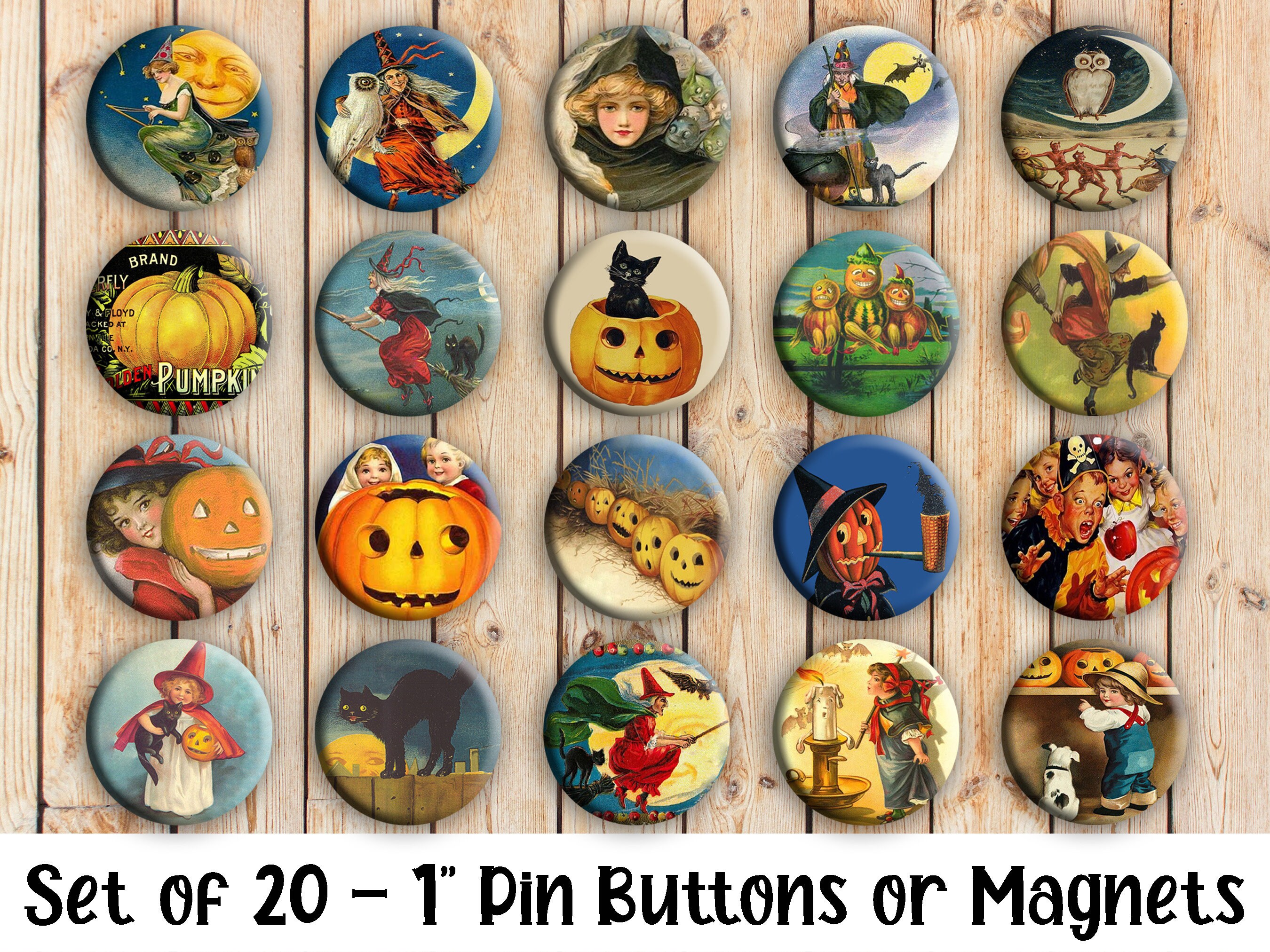 Vintage Halloween Pins - Set of 20 Buttons or Magnets - 1