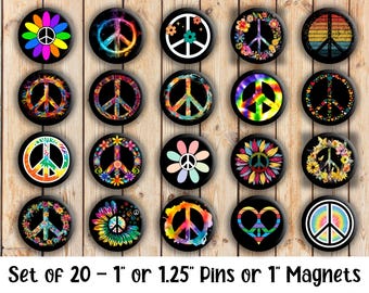 Peace Sign Designs - Set of 20 Buttons or Magnets - 1" or 1.25" pin buttons or magnets - Flower Peace Sign Badges