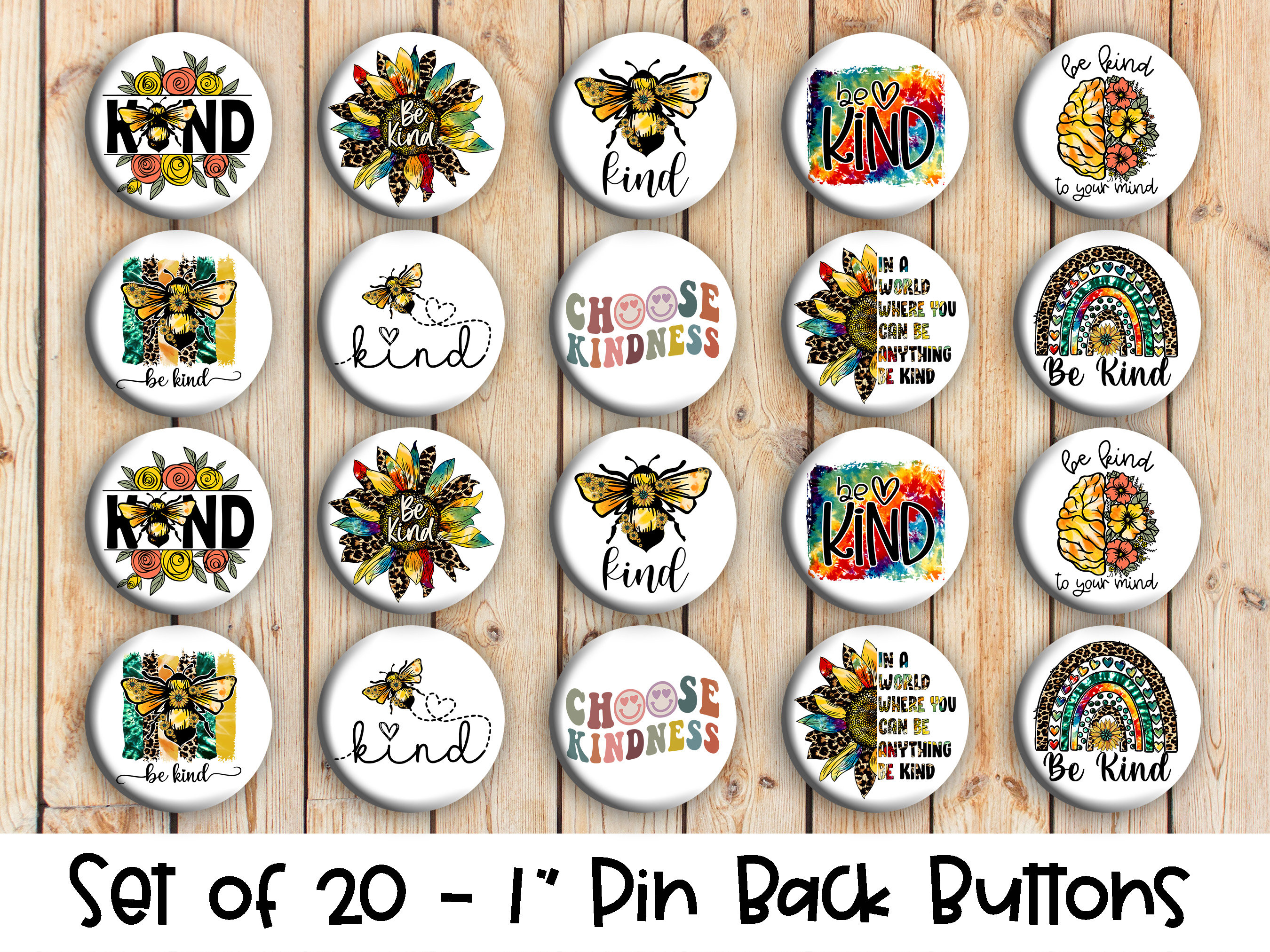 Kindness Themed - Set of 20 Buttons or Magnets - 1